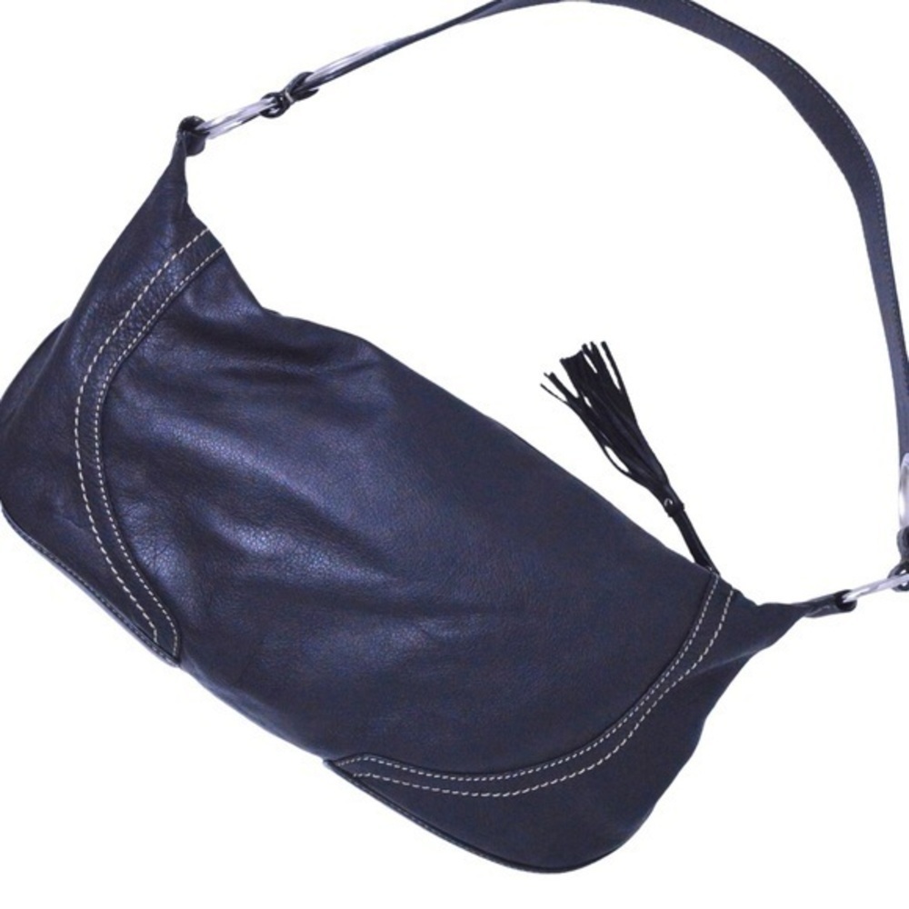 Marshall Fields Black Supple Leather Shoulder‎ Bag, Silver Hardware, Fringe Pull